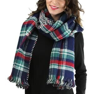 Women’s Blue White Red Green Plaid Soft Knit Blanket Scarf